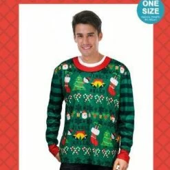 JD Party Fancy Dress Costumes Green Christmas Sweater Top