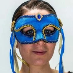 Maya Lulu Mask - Blue Fabric With Gold Trim Masks & Masquerade