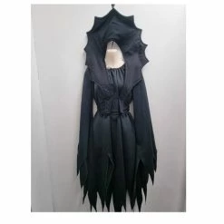 Upstage Dancewear & Costume Factory Halloween Costumes, Accessories, Makeup Ex-Hire Costume Black Vampire/Devil Dress With Slashed Sleeves & Hem, Belt With Stand Up Collar