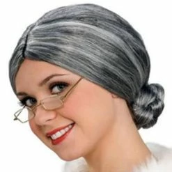 JD Party Wigs Grandma Wig -Grey Wig In Bun