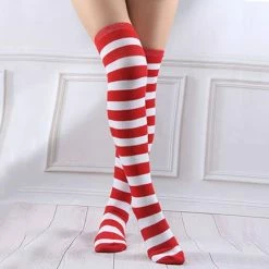 JD Party Legwear / Hosiery Over The Knee Red + White Striped Socks