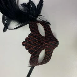 Tom Foolery Masks & Masquerade Mask - Black With Black Feather & Red Glitter Trimming