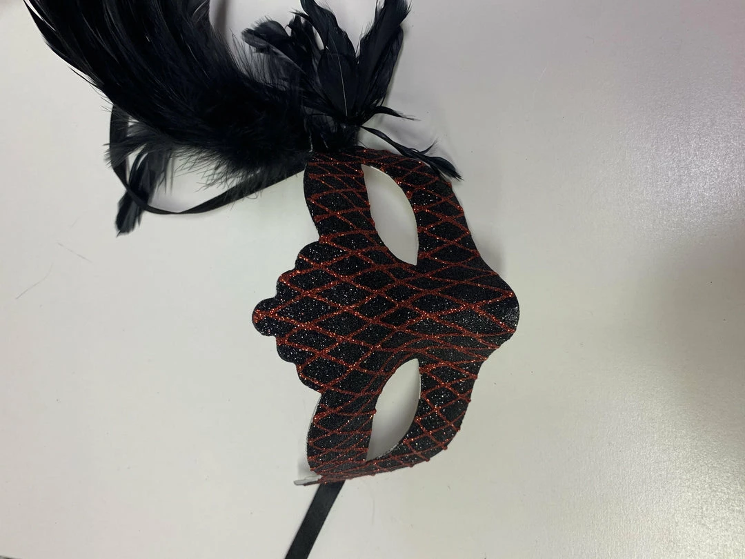 Hot Sale 🥰 Tom Foolery Masks & Masquerade Mask - Black With Black Feather & Red Glitter Trimming 🛒 1 Tom Foolery Masks & Masquerade Mask - Black With Black Feather & Red Glitter Trimming